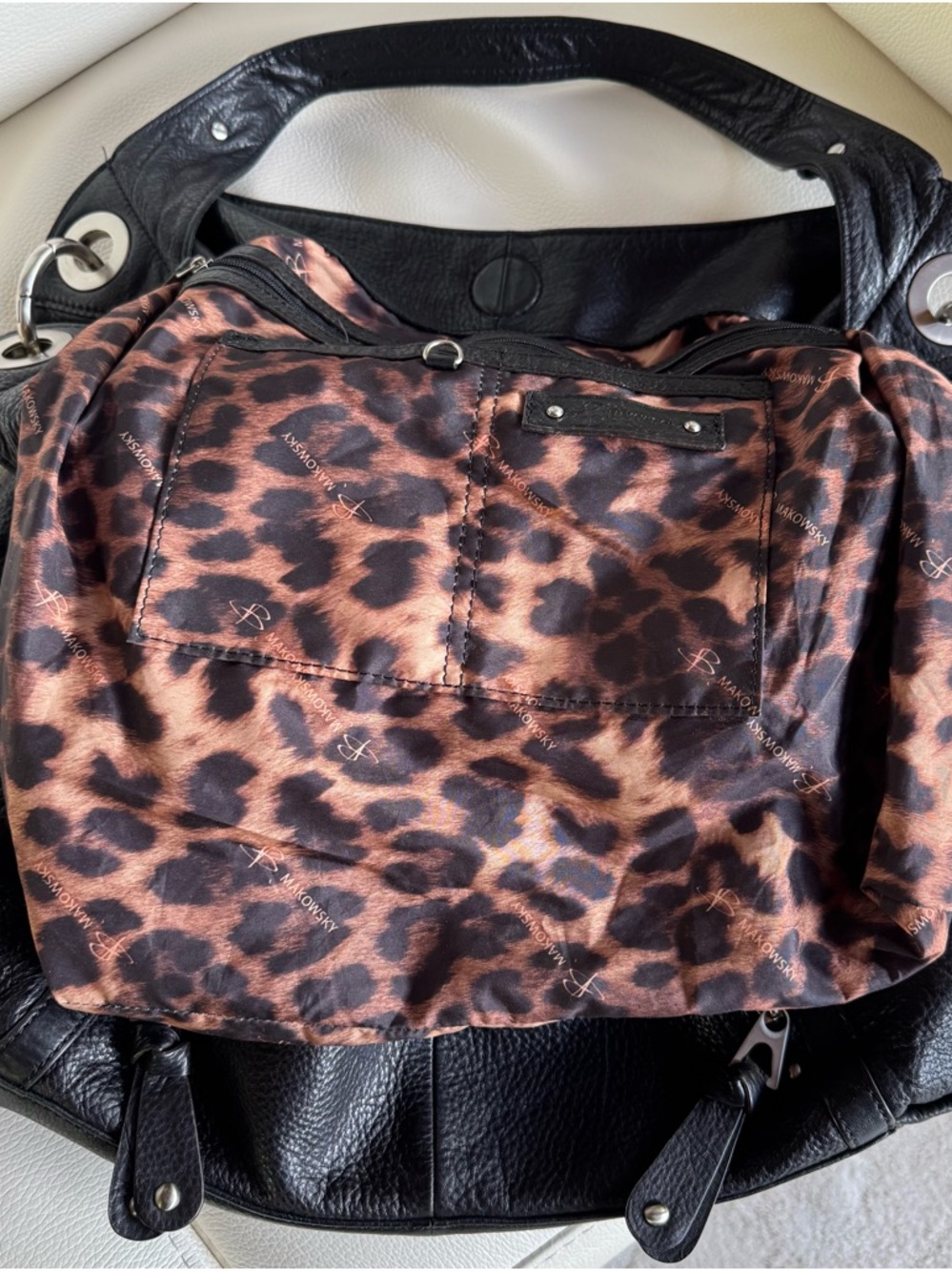 b. makowsky Black Pebbled Leather Shoulder Bag with Front Zips - Picture 4 of 7